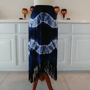 NAVY & WHITE TIE DYE FRINGE SKIRT